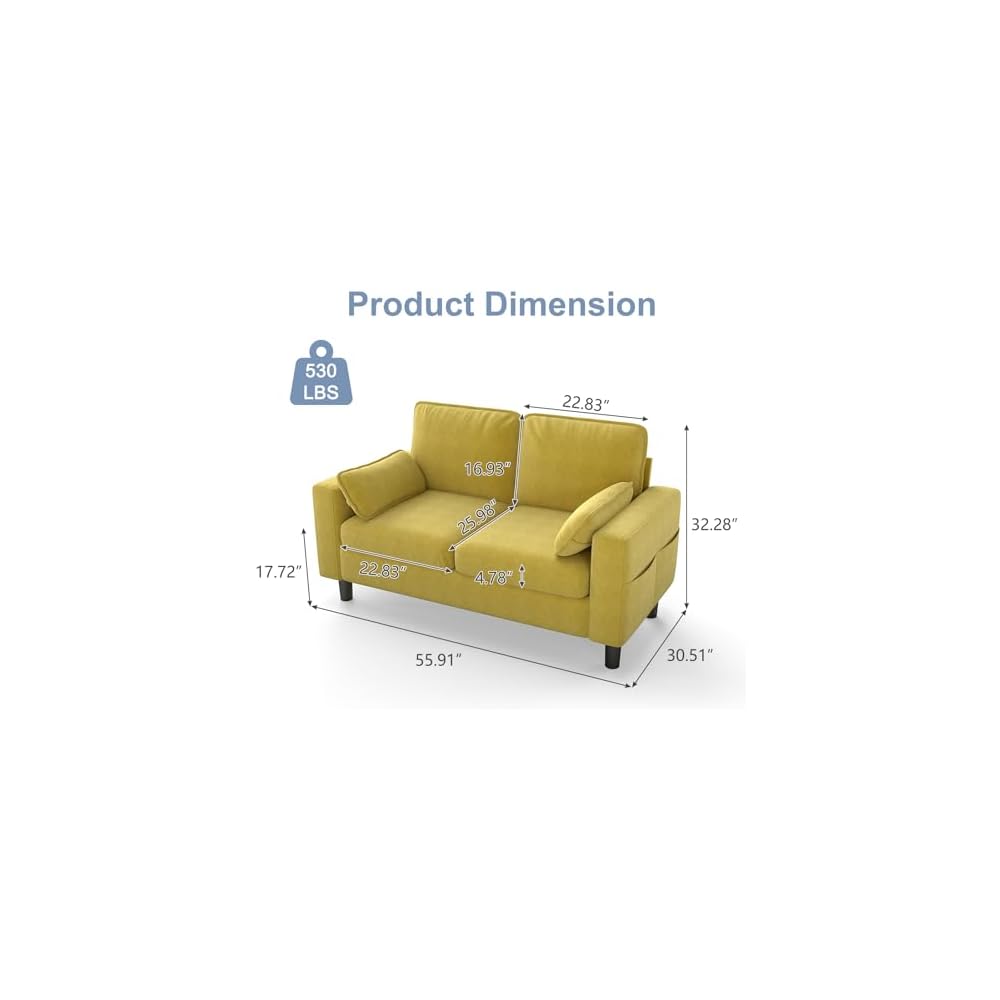 KINTNESS 56” Modern Loveseat Sofa, 2-Seater Sofa Couch with Deep Seat & Armrest Pillow, Sectional Sofa Loveseat for Bedroom, Living Room, Removable Covers, Ergonomic Height, Non-Slip, Yellow