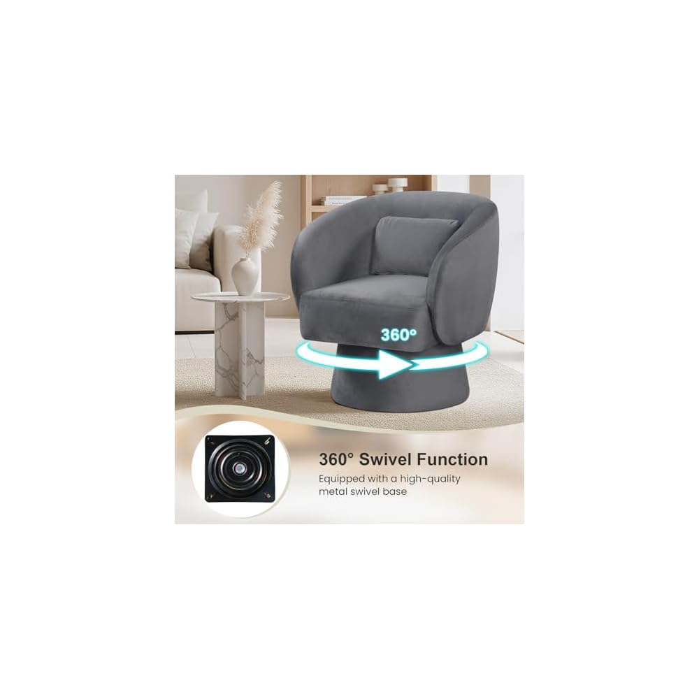 Giantex Swivel Accent Chair, Upholstered Barrel Chair with Curved Back & Removable Lumbar Pillow, Comfy Round Armchair with 360° Rotating Function, Single Sofa Chair for Living Room