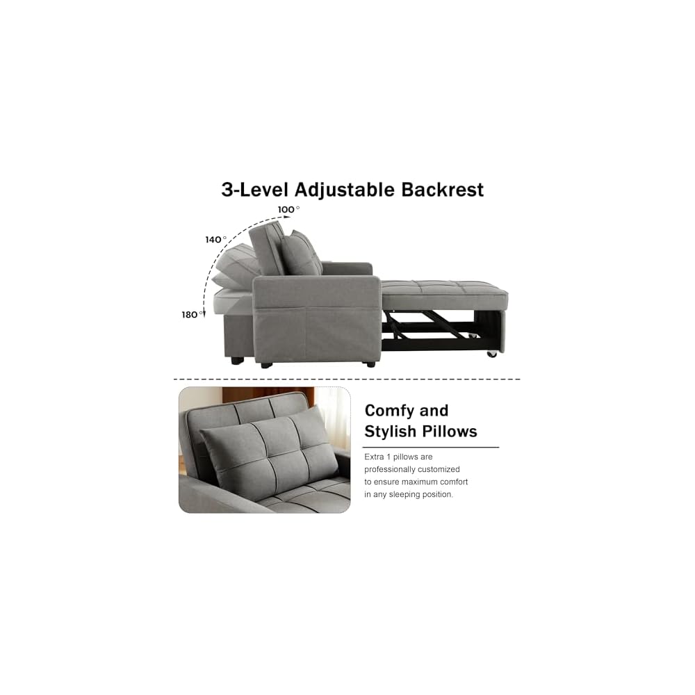 Sleeper Sofa 3-in-1 Sleeper Chair Pull Out Bed, Futon Couch, Convertible Sofa Bed with Reclining Backrest & Side Storage Pocket, 35.6" (Dark Grey)