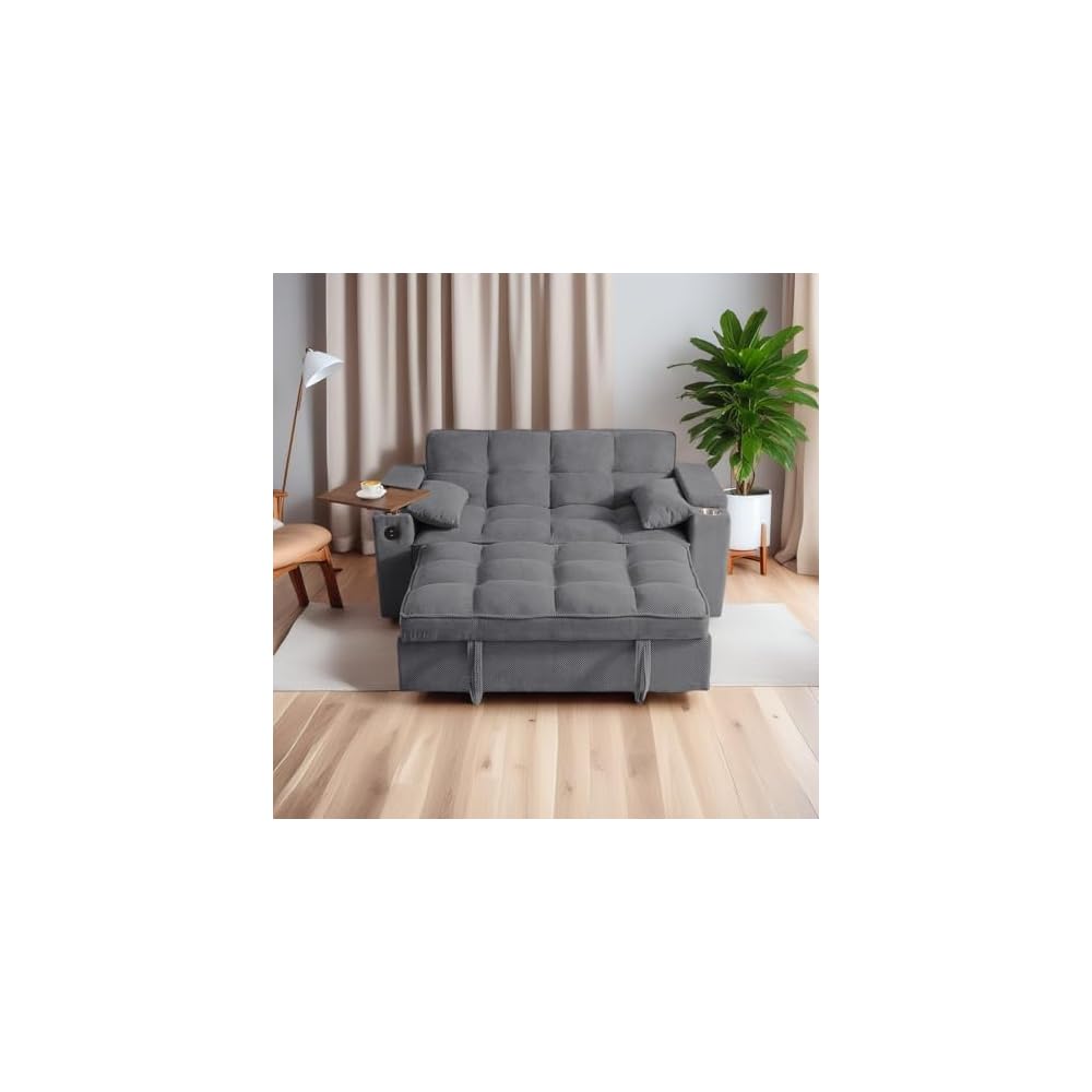 oaaktu ﻿ Large Size Convertible Sleeper Sofa Bed,Polka dot Velvet Pull Out Futon Couch with Storage handrails & Rotating Side Tables,Convertible Sofa Couch for Living Room,RV (Dark Grey)