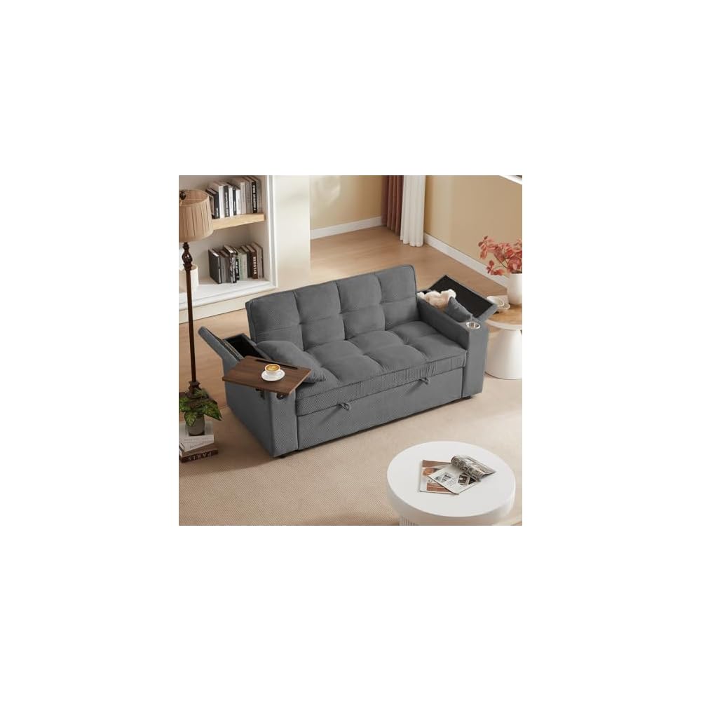 oaaktu ﻿ Large Size Convertible Sleeper Sofa Bed,Polka dot Velvet Pull Out Futon Couch with Storage handrails & Rotating Side Tables,Convertible Sofa Couch for Living Room,RV (Dark Grey)