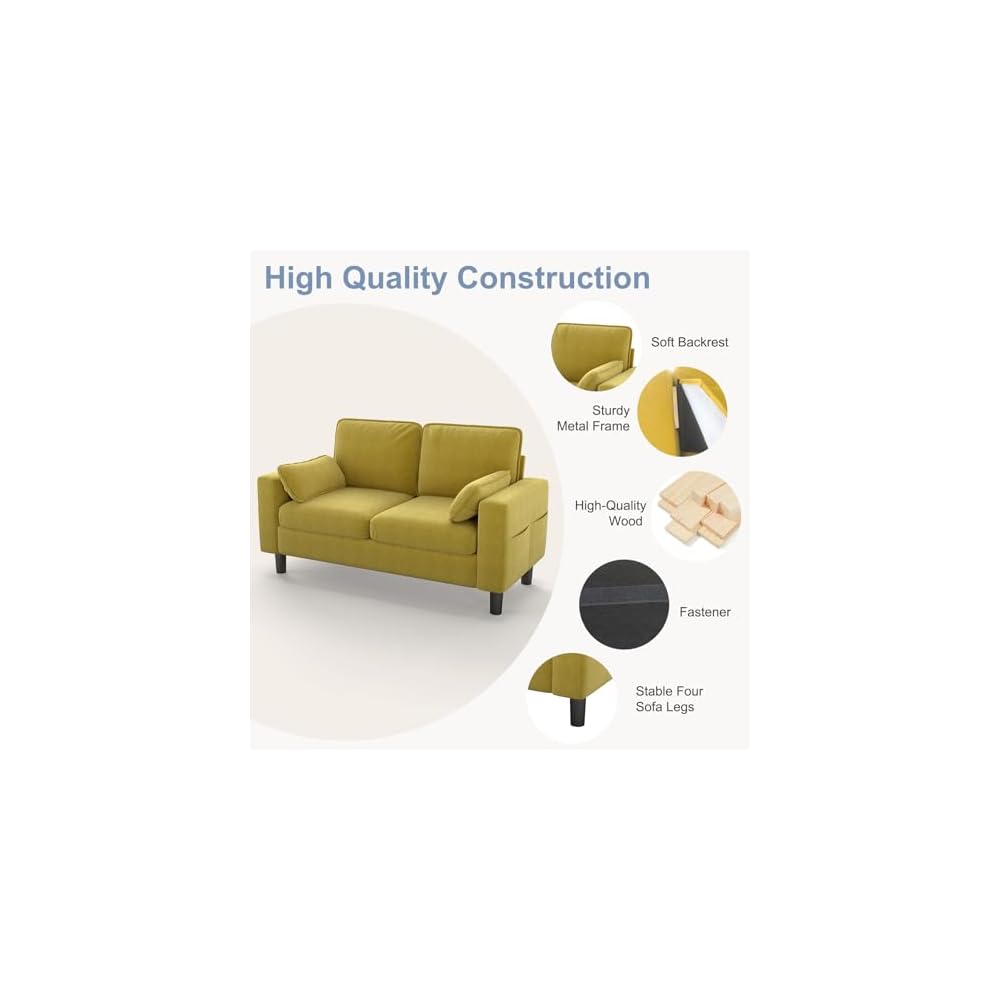 KINTNESS 56” Modern Loveseat Sofa, 2-Seater Sofa Couch with Deep Seat & Armrest Pillow, Sectional Sofa Loveseat for Bedroom, Living Room, Removable Covers, Ergonomic Height, Non-Slip, Yellow