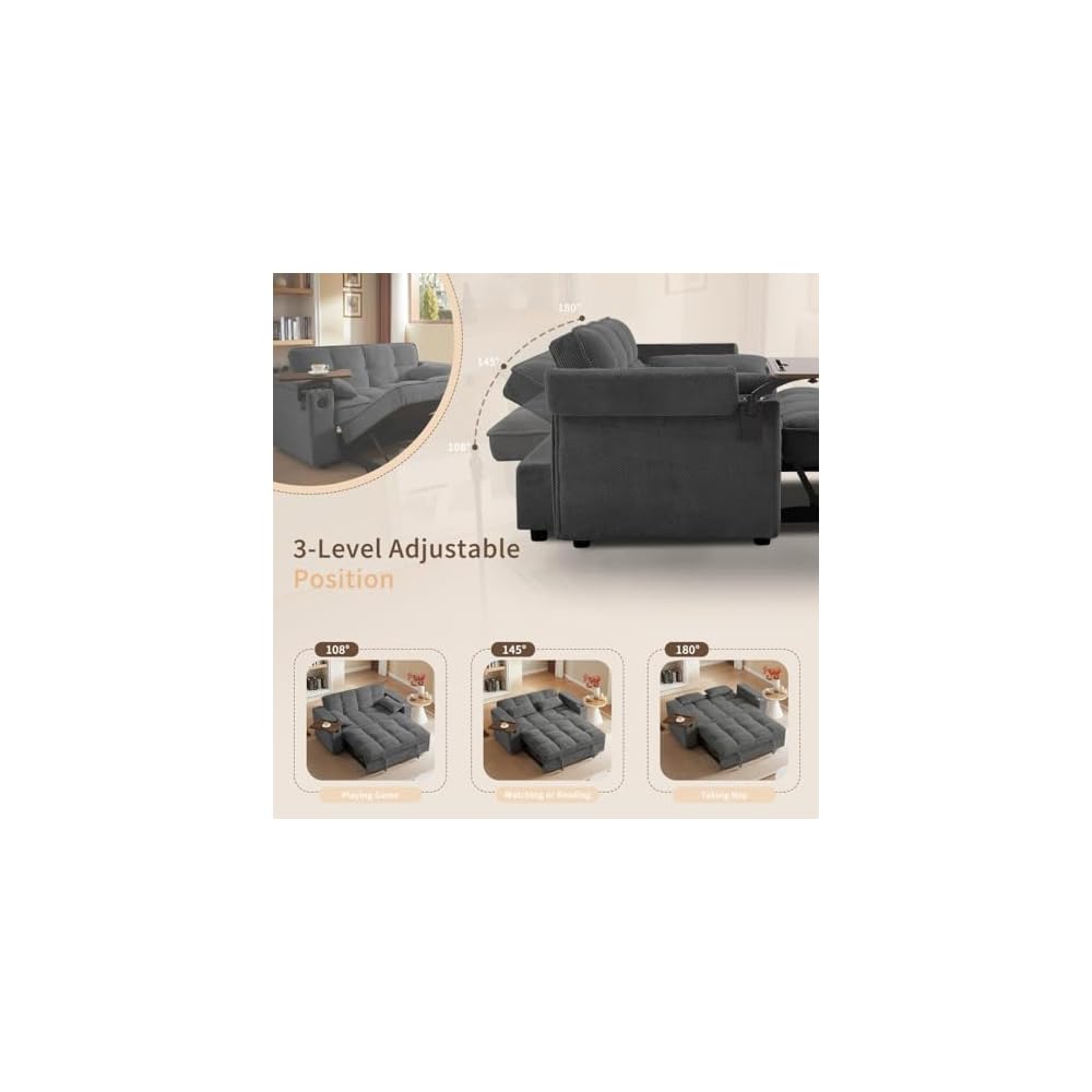 oaaktu ﻿ Large Size Convertible Sleeper Sofa Bed,Polka dot Velvet Pull Out Futon Couch with Storage handrails & Rotating Side Tables,Convertible Sofa Couch for Living Room,RV (Dark Grey)
