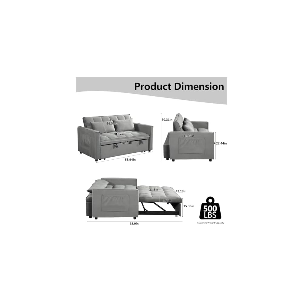 Sleeper Sofa Velvet Pull Out Sofa Bed Convertible Sofas Adjustable Backrest Pullout Loveseat Sofa Couch Side Pocket for Living Room,Office,Small Space,Grey