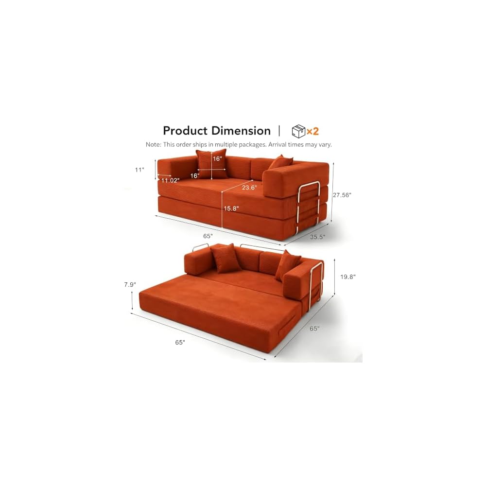 WEUP 5-in-1 Convertible Sofa,65" Folding Boneless Couch with Fixed-Shape Frame, Corduroy Floor Sofa Loveseat Sleeper for Living Room, Bedroom, Small Apartment,Orange