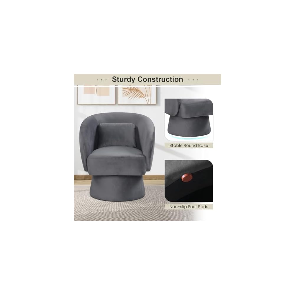 Giantex Swivel Accent Chair, Upholstered Barrel Chair with Curved Back & Removable Lumbar Pillow, Comfy Round Armchair with 360° Rotating Function, Single Sofa Chair for Living Room