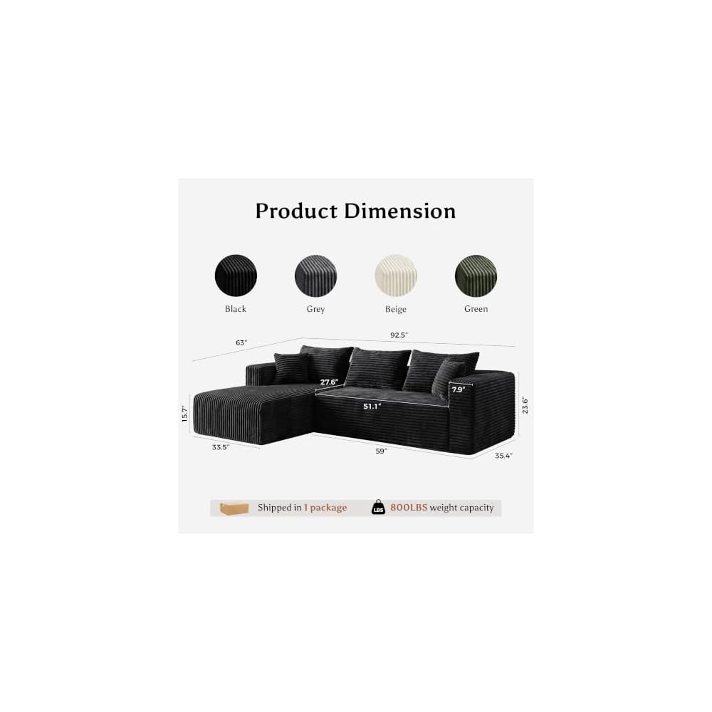 Boneless Couch for Living Room, Modular Sectional Sofa, Dark Black