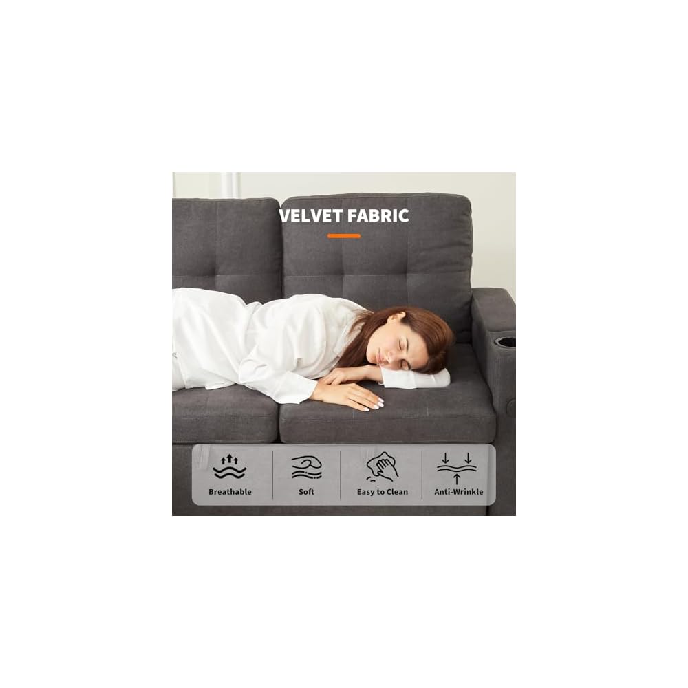 GarveeTech Sectional Sofa Bed, L-Shaped Sofa with Reversible Storage Chaise, Comfy Couches for Living Room with Charging Ports and Storage Armrests, Dark Grey