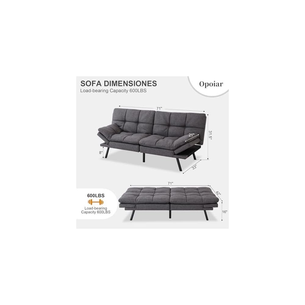 Opoiar Futon Sofa Bed Convertible Memory Foam Grey Couch Bed Futon Sets Folding Modern Sleeper Sofa Gray Loveseat for Studio,Drom,Apartment,Game Room and Small Space