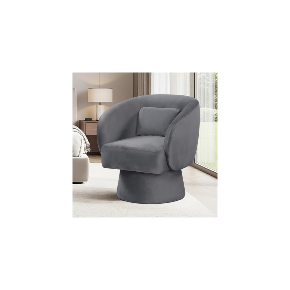 Giantex Swivel Accent Chair, Upholstered Barrel Chair with Curved Back & Removable Lumbar Pillow, Comfy Round Armchair with 360° Rotating Function, Single Sofa Chair for Living Room
