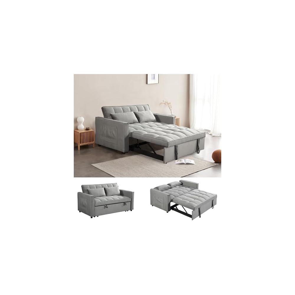 Sleeper Sofa Velvet Pull Out Sofa Bed Convertible Sofas Adjustable Backrest Pullout Loveseat Sofa Couch Side Pocket for Living Room,Office,Small Space,Grey