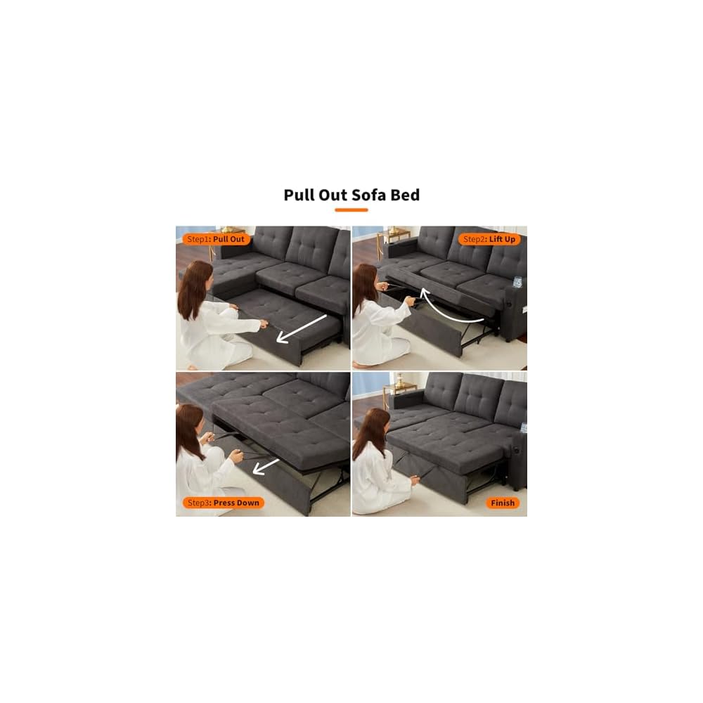 GarveeTech Sectional Sofa Bed, L-Shaped Sofa with Reversible Storage Chaise, Comfy Couches for Living Room with Charging Ports and Storage Armrests, Dark Grey