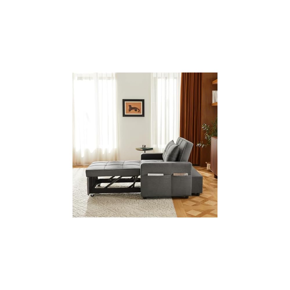 Sleeper Sofa 3-in-1 Sleeper Chair Pull Out Bed, Futon Couch, Convertible Sofa Bed with Reclining Backrest & Side Storage Pocket, 35.6" (Dark Grey)