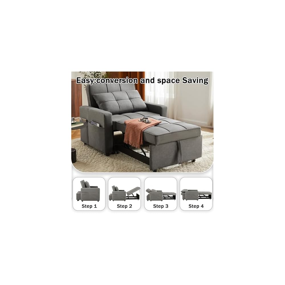 Sleeper Sofa 3-in-1 Sleeper Chair Pull Out Bed, Futon Couch, Convertible Sofa Bed with Reclining Backrest & Side Storage Pocket, 35.6" (Dark Grey)