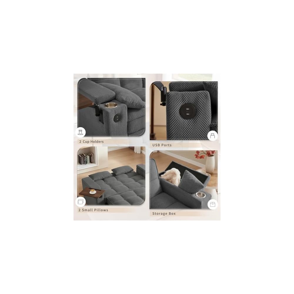 oaaktu ﻿ Large Size Convertible Sleeper Sofa Bed,Polka dot Velvet Pull Out Futon Couch with Storage handrails & Rotating Side Tables,Convertible Sofa Couch for Living Room,RV (Dark Grey)