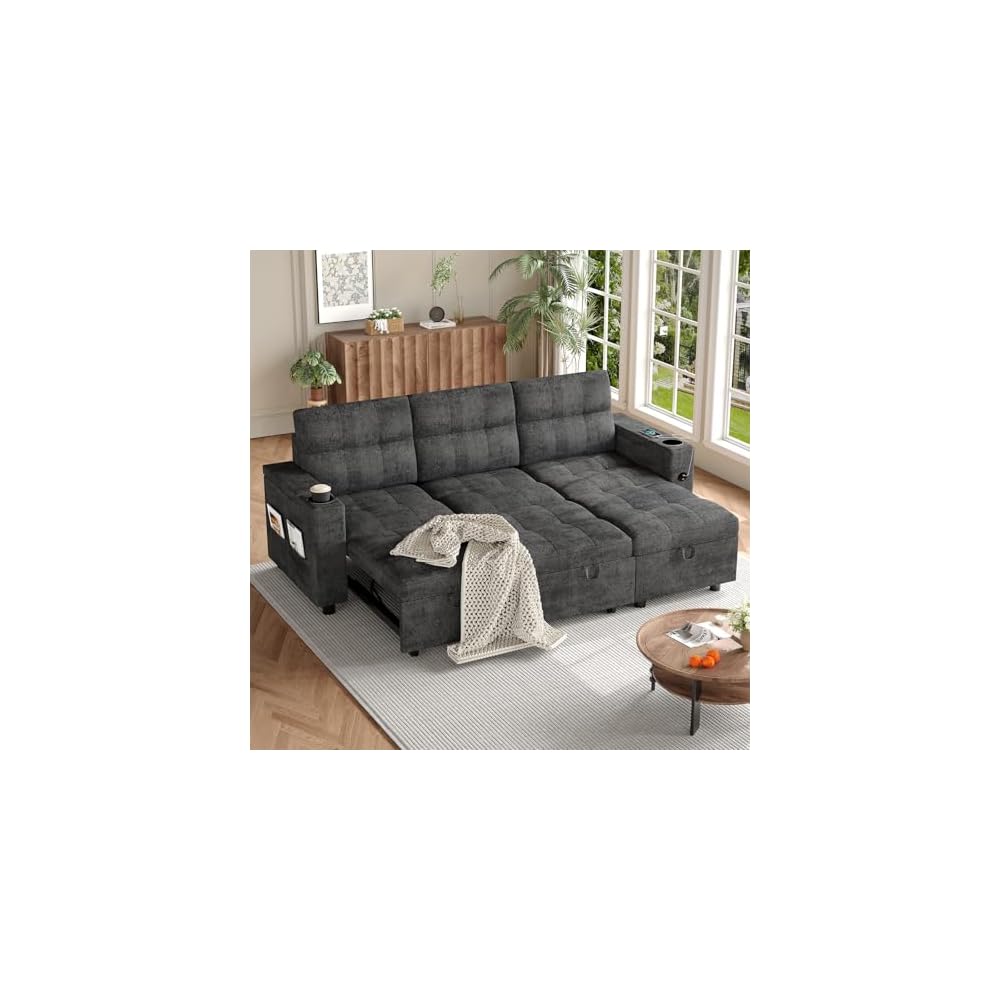 GarveeTech Sectional Sofa Bed, L-Shaped Sofa with Reversible Storage Chaise, Comfy Couches for Living Room with Charging Ports and Storage Armrests, Dark Grey