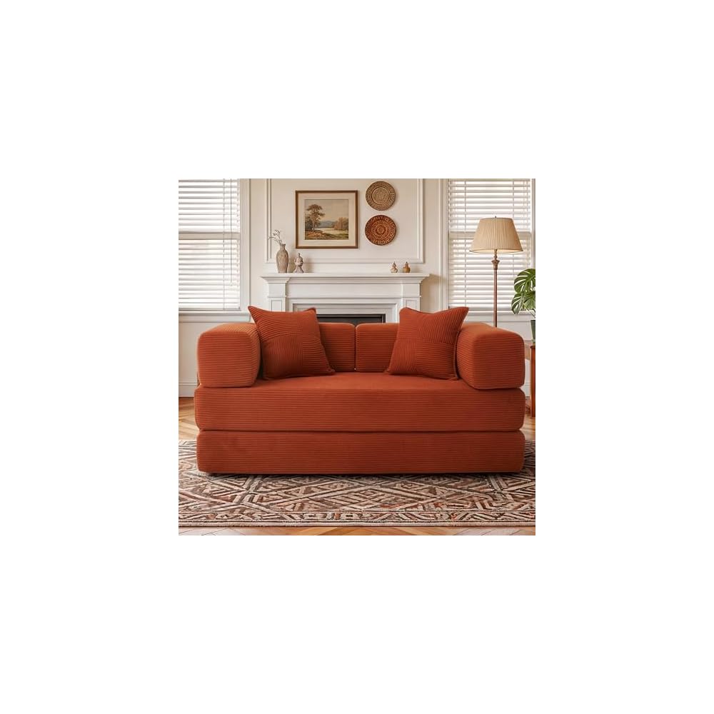 WEUP 5-in-1 Convertible Sofa,65" Folding Boneless Couch with Fixed-Shape Frame, Corduroy Floor Sofa Loveseat Sleeper for Living Room, Bedroom, Small Apartment,Orange