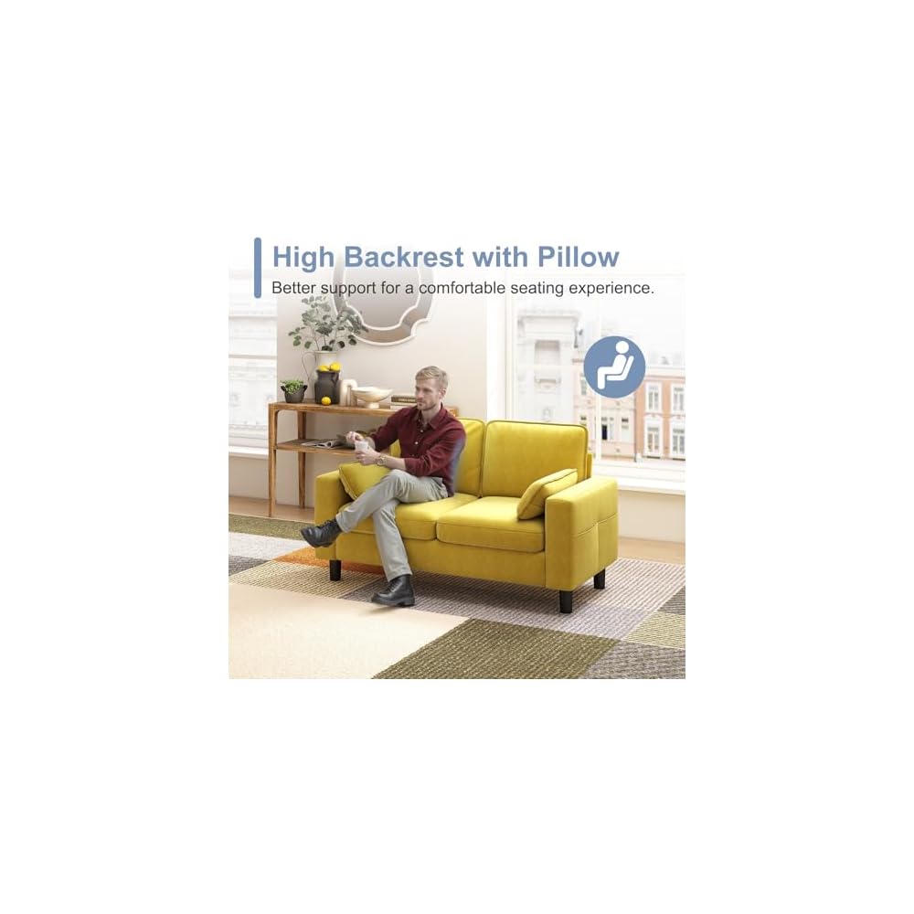 KINTNESS 56” Modern Loveseat Sofa, 2-Seater Sofa Couch with Deep Seat & Armrest Pillow, Sectional Sofa Loveseat for Bedroom, Living Room, Removable Covers, Ergonomic Height, Non-Slip, Yellow