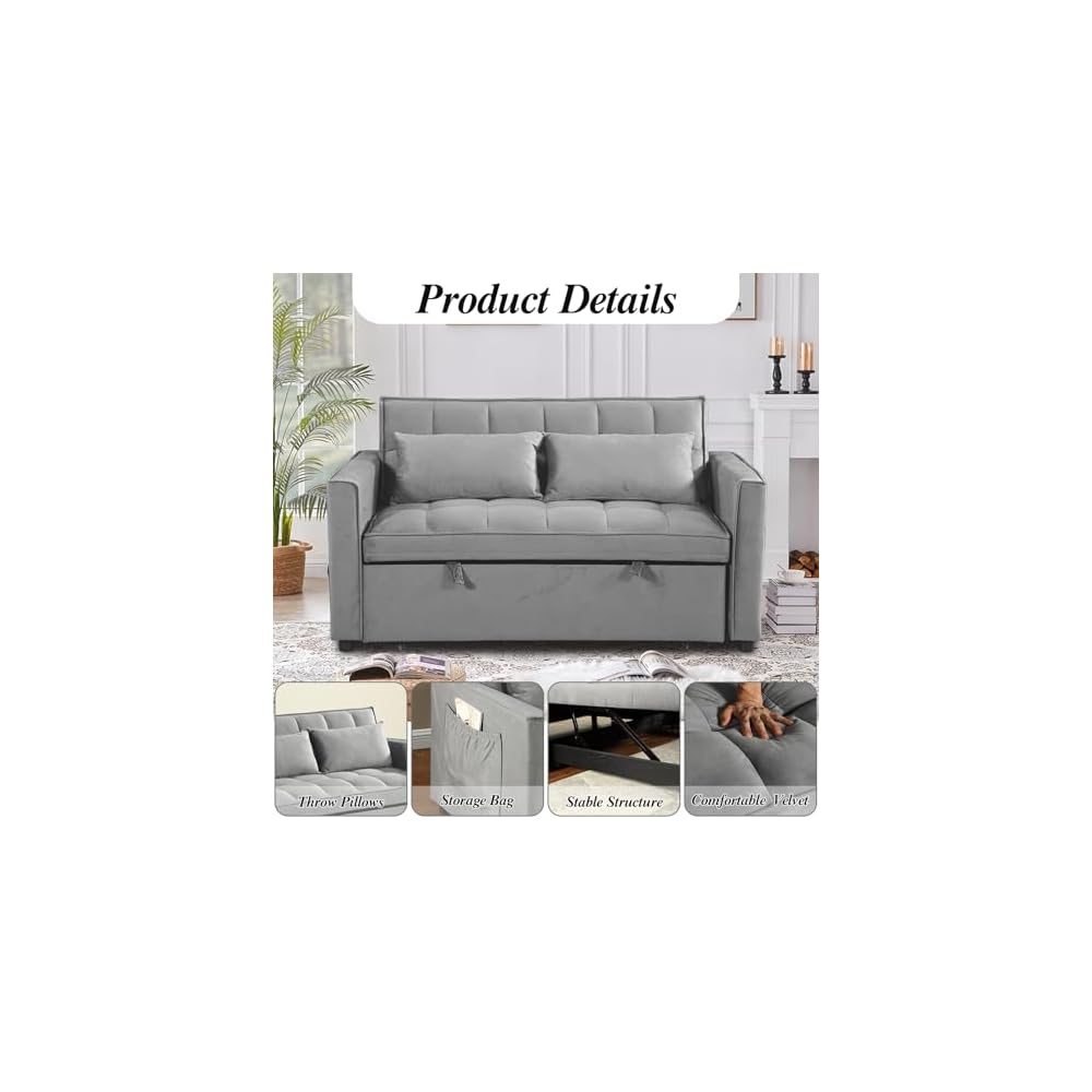 Sleeper Sofa Velvet Pull Out Sofa Bed Convertible Sofas Adjustable Backrest Pullout Loveseat Sofa Couch Side Pocket for Living Room,Office,Small Space,Grey