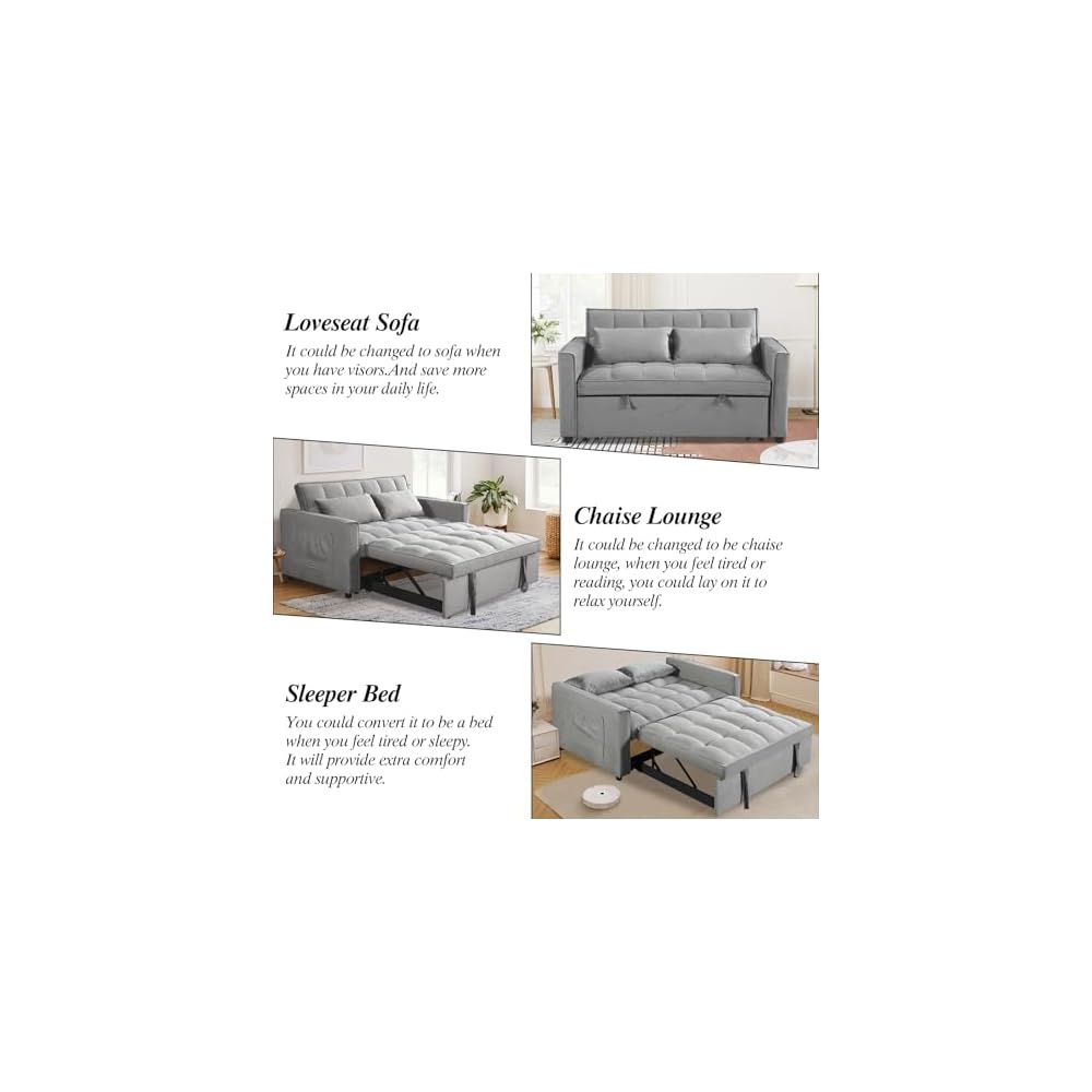 Sleeper Sofa Velvet Pull Out Sofa Bed Convertible Sofas Adjustable Backrest Pullout Loveseat Sofa Couch Side Pocket for Living Room,Office,Small Space,Grey