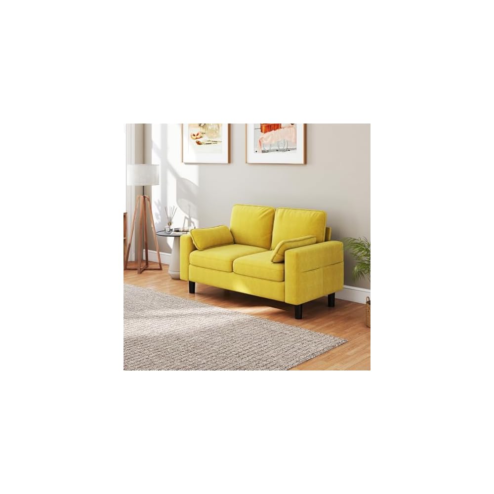 KINTNESS 56” Modern Loveseat Sofa, 2-Seater Sofa Couch with Deep Seat & Armrest Pillow, Sectional Sofa Loveseat for Bedroom, Living Room, Removable Covers, Ergonomic Height, Non-Slip, Yellow