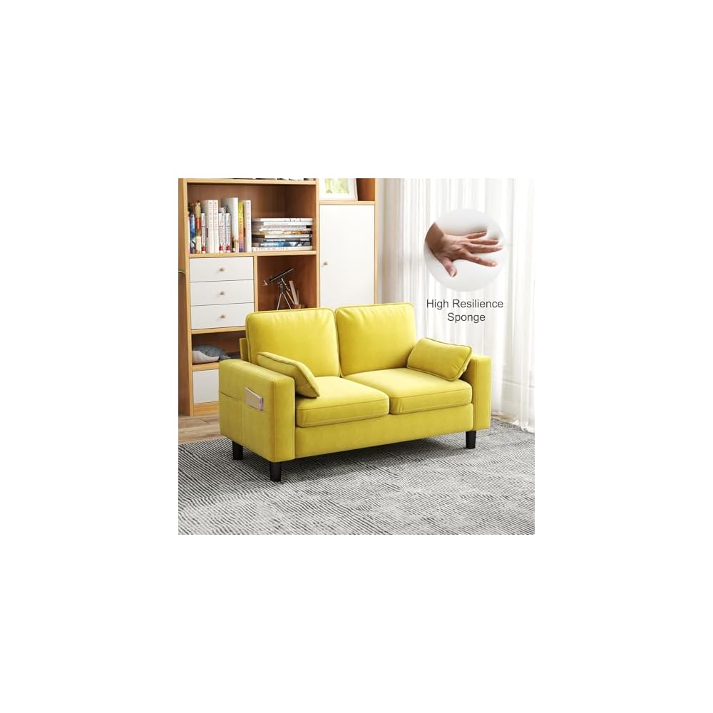 KINTNESS 56” Modern Loveseat Sofa, 2-Seater Sofa Couch with Deep Seat & Armrest Pillow, Sectional Sofa Loveseat for Bedroom, Living Room, Removable Covers, Ergonomic Height, Non-Slip, Yellow