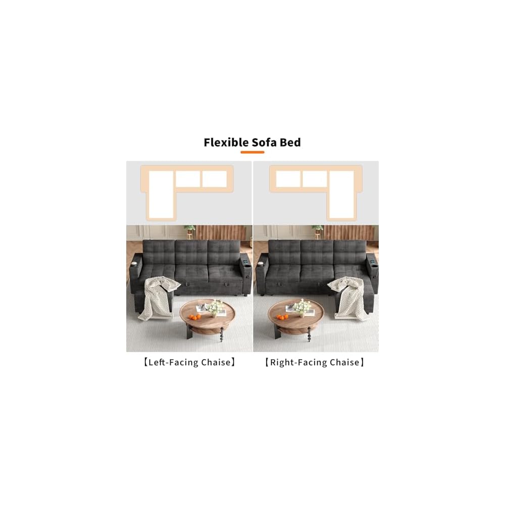 GarveeTech Sectional Sofa Bed, L-Shaped Sofa with Reversible Storage Chaise, Comfy Couches for Living Room with Charging Ports and Storage Armrests, Dark Grey