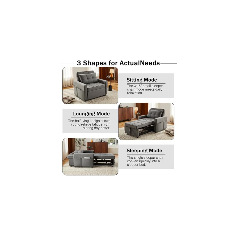 Sleeper Sofa 3-in-1 Sleeper Chair Pull Out Bed, Futon Couch, Convertible Sofa Bed with Reclining Backrest & Side Storage Pocket, 35.6" (Dark Grey)