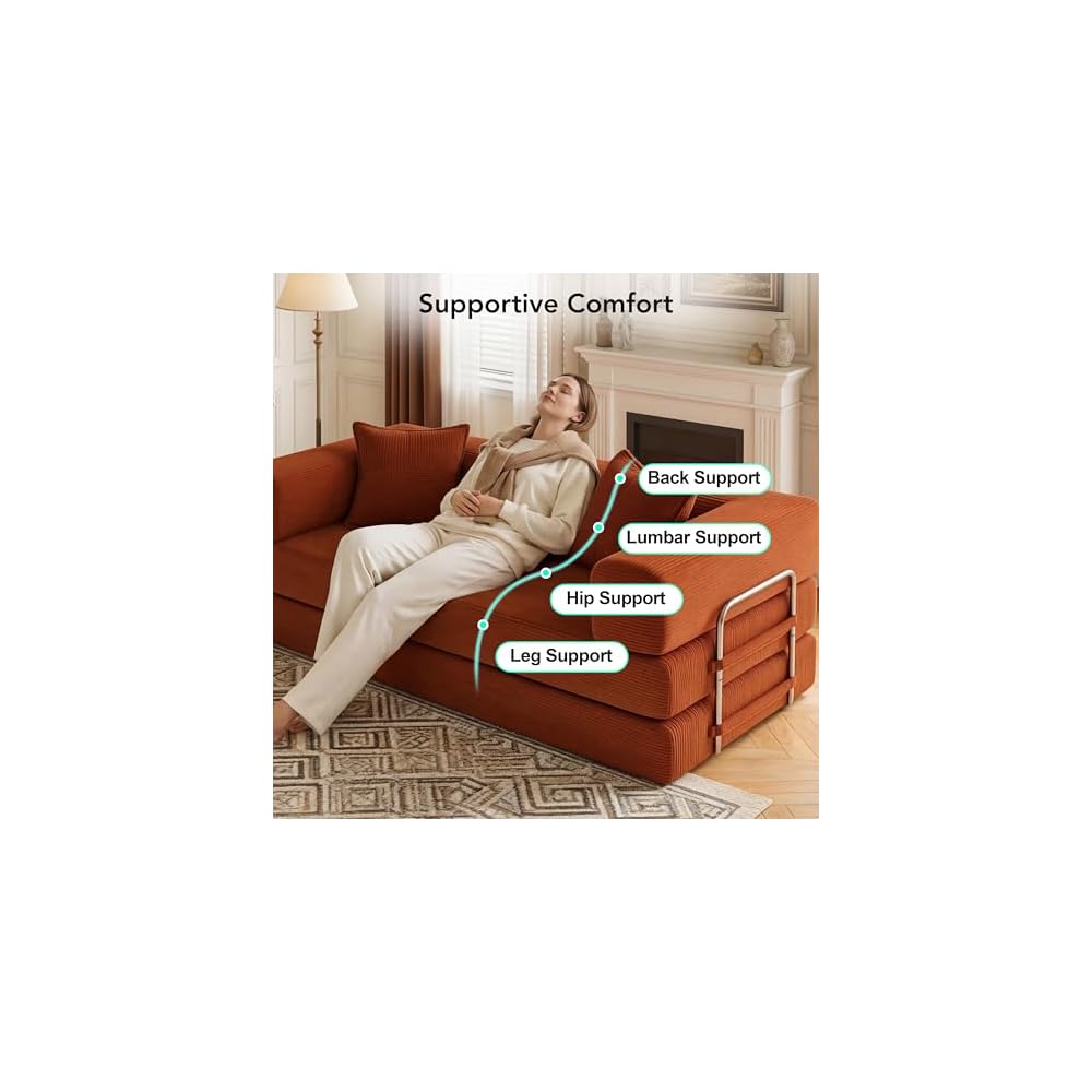 WEUP 5-in-1 Convertible Sofa,65" Folding Boneless Couch with Fixed-Shape Frame, Corduroy Floor Sofa Loveseat Sleeper for Living Room, Bedroom, Small Apartment,Orange