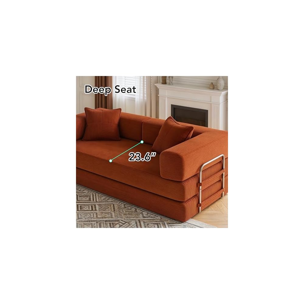 WEUP 5-in-1 Convertible Sofa,65" Folding Boneless Couch with Fixed-Shape Frame, Corduroy Floor Sofa Loveseat Sleeper for Living Room, Bedroom, Small Apartment,Orange