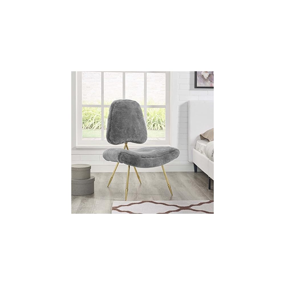 Modway Ponder Contemporary Modern Sheepskin Fur Lounge Accent Chair in Gray
