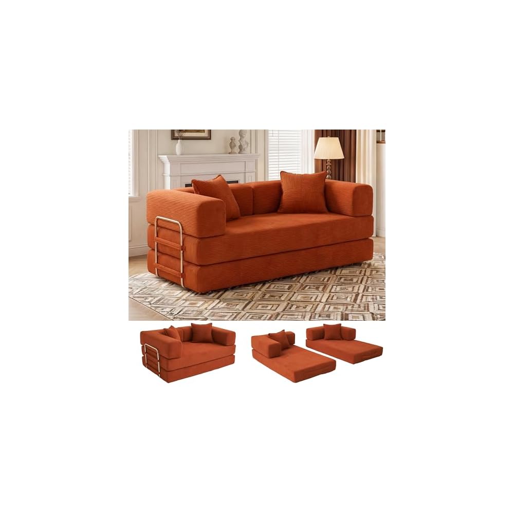 WEUP 5-in-1 Convertible Sofa,65" Folding Boneless Couch with Fixed-Shape Frame, Corduroy Floor Sofa Loveseat Sleeper for Living Room, Bedroom, Small Apartment,Orange