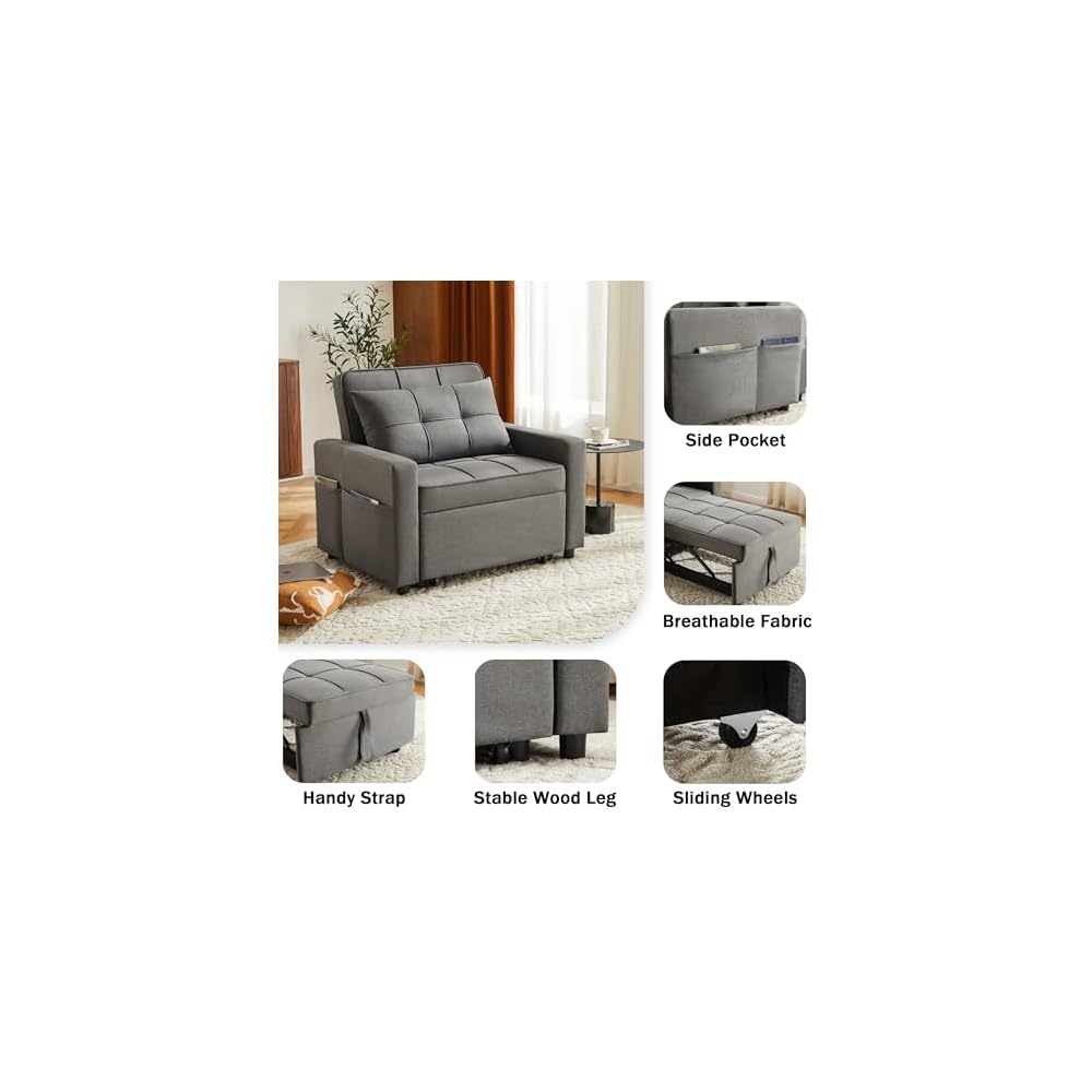 Sleeper Sofa 3-in-1 Sleeper Chair Pull Out Bed, Futon Couch, Convertible Sofa Bed with Reclining Backrest & Side Storage Pocket, 35.6" (Dark Grey)