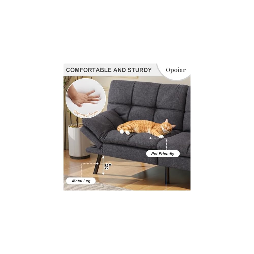 Opoiar Futon Sofa Bed Convertible Memory Foam Grey Couch Bed Futon Sets Folding Modern Sleeper Sofa Gray Loveseat for Studio,Drom,Apartment,Game Room and Small Space