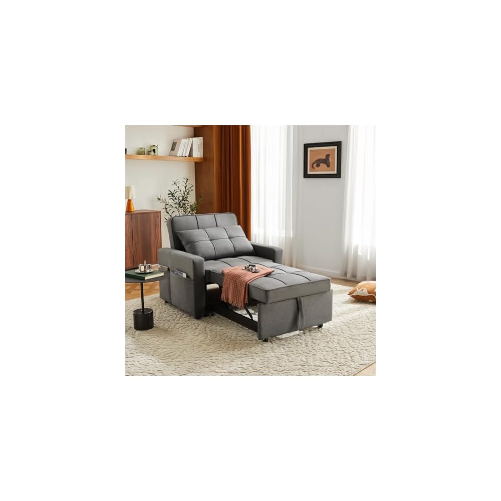Sleeper Sofa 3-in-1 Sleeper Chair Pull Out Bed, Futon Couch, Convertible Sofa Bed with Reclining Backrest & Side Storage Pocket, 35.6" (Dark Grey)