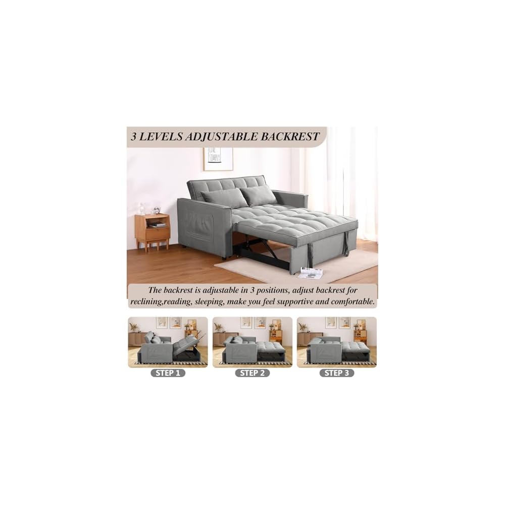 Sleeper Sofa Velvet Pull Out Sofa Bed Convertible Sofas Adjustable Backrest Pullout Loveseat Sofa Couch Side Pocket for Living Room,Office,Small Space,Grey