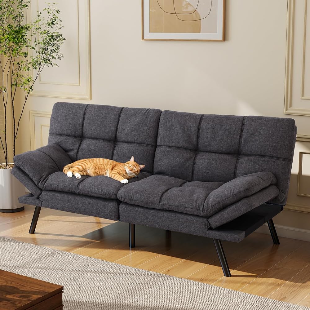Opoiar Futon Sofa Bed Convertible Memory Foam Grey Couch Bed Futon Sets Folding Modern Sleeper Sofa Gray Loveseat for Studio,Drom,Apartment,Game Room and Small Space