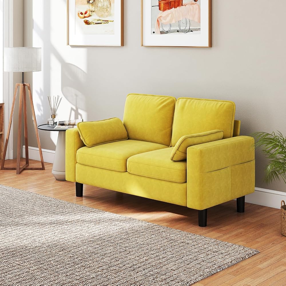 KINTNESS 56” Modern Loveseat Sofa, 2-Seater Sofa Couch with Deep Seat & Armrest Pillow, Sectional Sofa Loveseat for Bedroom, Living Room, Removable Covers, Ergonomic Height, Non-Slip, Yellow