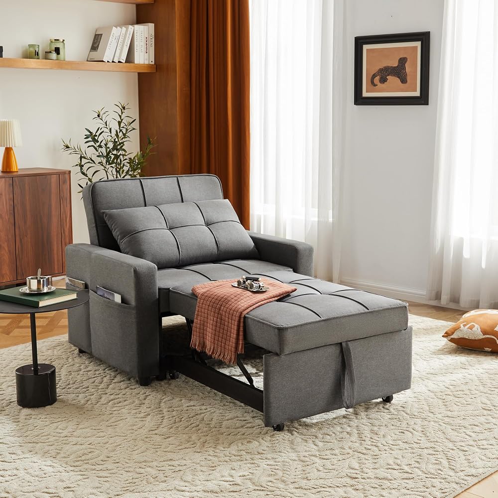 Sleeper Sofa 3-in-1 Sleeper Chair Pull Out Bed, Futon Couch, Convertible Sofa Bed with Reclining Backrest & Side Storage Pocket, 35.6" (Dark Grey)