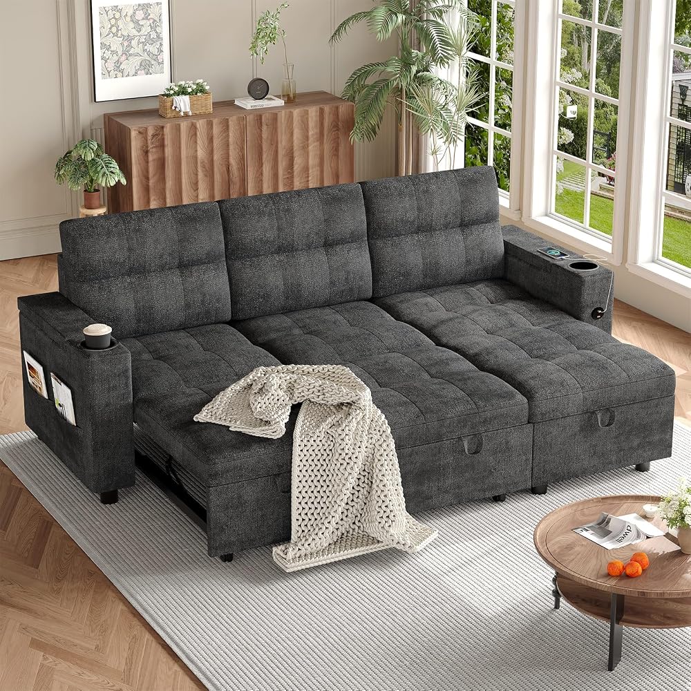 GarveeTech Sectional Sofa Bed, L-Shaped Sofa with Reversible Storage Chaise, Comfy Couches for Living Room with Charging Ports and Storage Armrests, Dark Grey