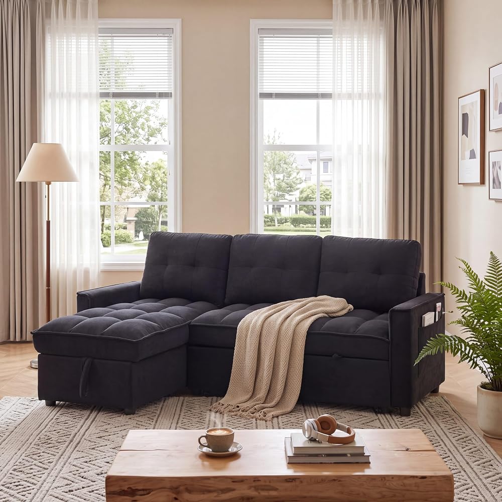 ERYE 71" L-Shaped Convertible Sleeper Sectional Sofa with Pull Out Sleeper Couch Bed and Reversible Storage Chaise for Home Apartment,Chenille Tufted Upholstered,USB-C Ports